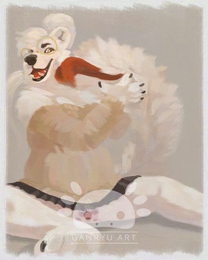 A digital painting of an anthro polar bear on her bum. She's being jumped and licked in the face by her tail maw. Both are smiling.