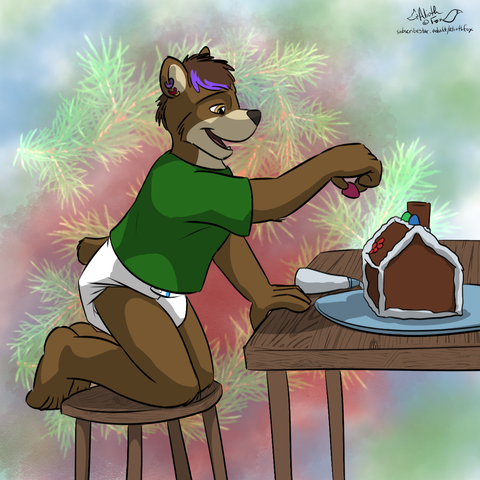 Sascha the little bearkitty is kneeling on a chair, decorating a gingerbread house with colorful candy decoration that is sitting on the table in front of him
A bag of icing is next to the gingerbread house and there is a Christmassy background. 
Sascha is wearing a green t-shirt and a whiter diaper.