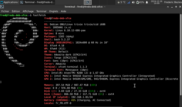 Le fastfetch de mon eeePC 1005 HAG