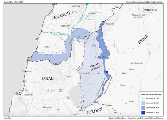 map of israeli occupation in Lebanon and Syria as of 2024-12-11

Map showing the approximate locations of Israel’s military expansion into Lebanon and Syria, with darker blue indicating the most recent advances, created using data from satellite imagery, geolocation, and Israeli military statements. (Ahmad Baydoun)