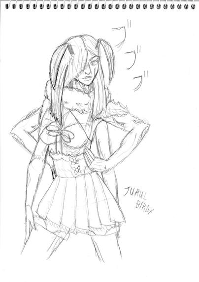 Graphite drawing of the vtuber Juniper Actias striking a JoJo pose, with katakana characters saying "go go go" which is onomatopoeia for a menacing situation. She's standing there menacingly. And the artist's signature saying "Turul Birdy" (me).