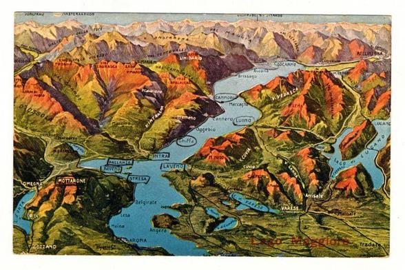 The image is a vibrant, vintage colored map or postcard showing the landscape around Lake Maggiore in Italy. It depicts rolling hills and mountains with various shades of green, brown, red, and orange indicating vegetation, slopes, forests, and settlements respectively. The lake itself appears blue-green, reflecting its natural environment.

Notable features on the map include labels for towns such as Locarno, Ascona, Brissago, Varese, Arona, Bellinzona, Locomotore, Camboiolo Maggiano, Cannero Luiino, and others. The topography is marked with contour lines indicating elevation changes.

There's a sense of historical exploration or travel guide about the map, suggested by its style and labeling in Italian, which indicates it could be from an early to mid-20th-century publication meant for tourists visiting this region. There are no indications that the image has been altered; it appears to represent geographical information accurately with artistic enhancements typical of maps produced at the time.

The overall impression is one of a picturesque and culturally rich area, inviting exploration into its natural beauty and quaint villages.