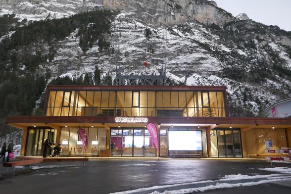 Lighted building of the ground station at Stechelberg