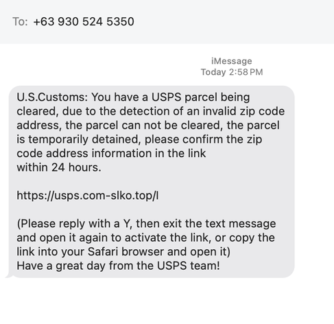 Message from a Philippinnes-based phone number claiming that USPS is holding a package at customs, along with a malicious link, and instructions for "activating the link" in the text message. It says to Reply Y to the text then exit the message and return, or copy the link into a browser.
