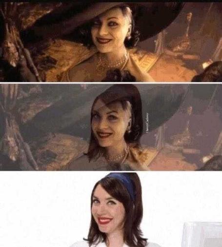 A three-panel meme of Lady Dimitrescu from resident evil. In the next panel, her hat and some scenery begin fading away to reveal more of her face. In the final panel everything is gone but her, and it’s the Flo mascot from Progressive Insurance, who bears somewhat of a resemblance to Lady