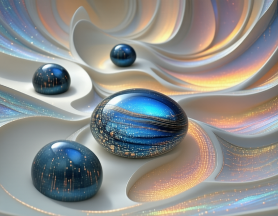 Glowing dark blue tumbled, polished pieces of a futuristic  mineral with patterns of lines of glowing dots, resting on a smooth, flowing white surface with luminous and iridescent patterns.