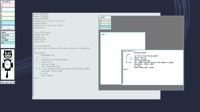 Screenshot of a system running 9front, a fork of the plan 9 operating system.