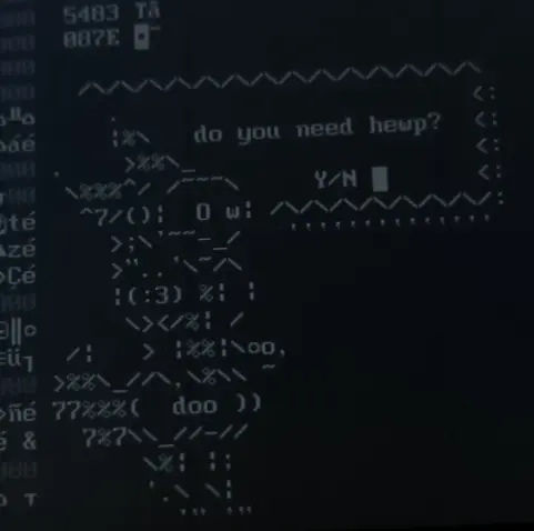An ASCII protogen asking "do you need hewp?" next to a Yes/No choice dialog.