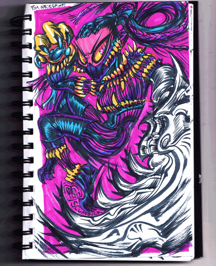 ink drawing of clotho with pink, blue, and yellow marker colors.  She is in a outfit with a lot of teeth on the joints, a mask, and a high ponytail with braids.  She has a mantis claw for one arm pointed at the camera, and a lion paw for her other arm.