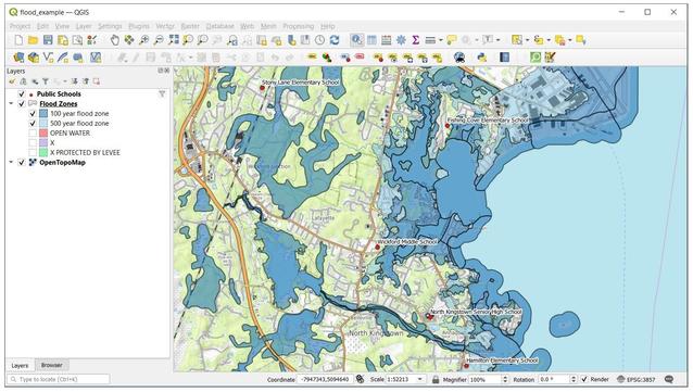 screen shot - QGIS - flood zones
