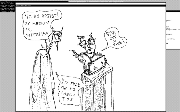 An artist speaks to a demon about how their artistic medium is interlisp. A black-and-white bitmap being made in interlisp (online.interlisp.org). #unix_surrealism
