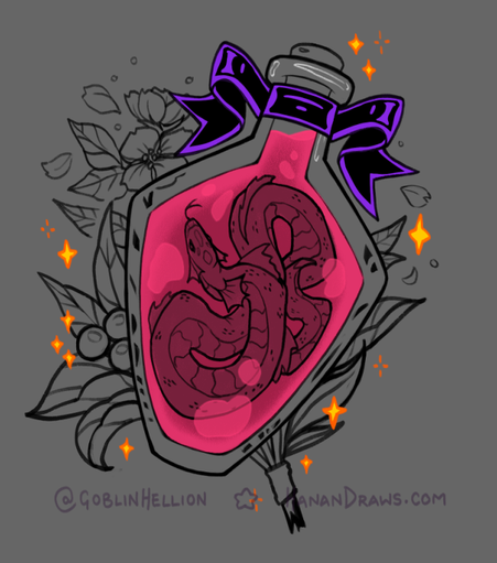 Screenshot of a work in progress design, showing a potion bottle with a snake/dragon inside of it. Behind the bottle is a small bouquet of plants.