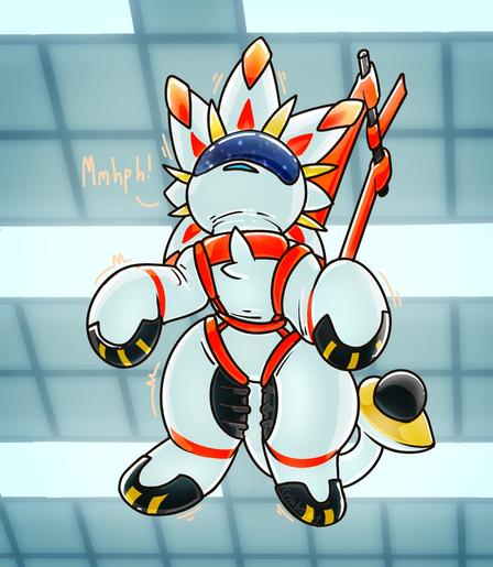A suspiciously anthro-shaped rubbery solgaleo suspended by their harness, which is attached to a lab-blue sterile ceiling.