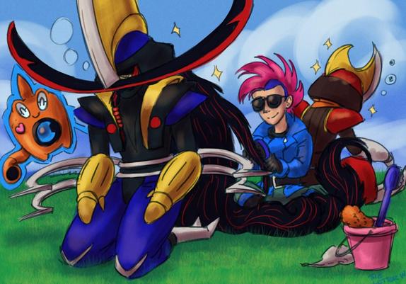 Shiny Kingambit kneeling with his eyes closed, his hands on his thighs. His pink mohawk sporting trainer is sitting cross-legged behind him, smiling and brushing his hair. Behind them back-to-back sits a snoozing Bisharp, wearing an orange kerchief around his neck. On the left of Kingambit is a smiling Rotom-Wash, happily showing off a heart magnet. There's a pink bucket in the foreground with a sponge and brush, and a rag sitting beside it.