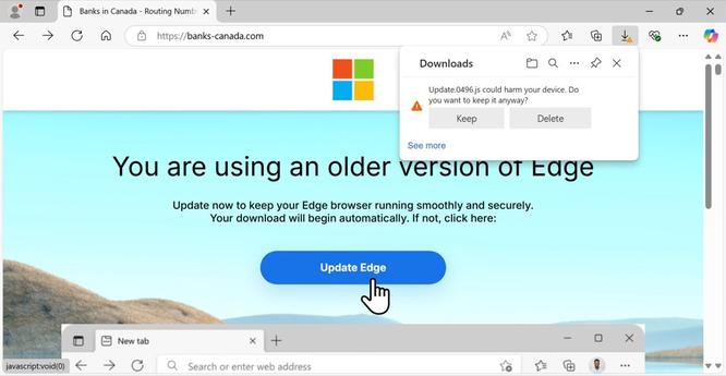 Screenshot of the browser window for a fake update page after visiting a compromised website at banks-canada[.]com.