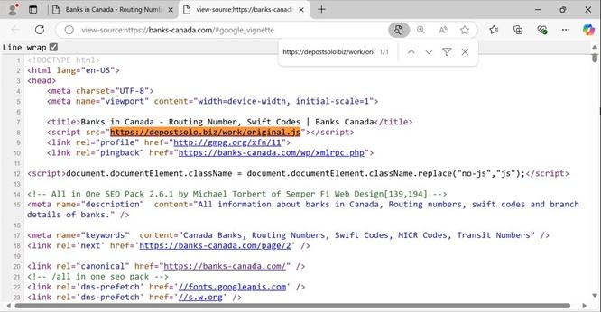 Example of SmartApeSG injected script highlighted in orange in HTML code from a page from the compromised site. The URL from this injected script is hxxps[:]//depostsolo[.]biz/work/original.js