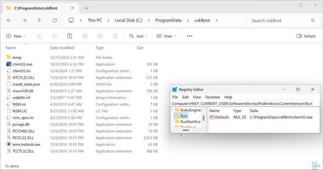 The NetSupport RAT installation persistent on an infected Windows host. Shows the Windows registry entry for persistence and the associated NetSupport RAT files. The file are located in a hidden directory at C:\ProgramData\cvkfkmt\ with the NetSupport RAT executable client32.exe using client32.ini for its configuration to use the malicious C2 server at 194.180.191[.]64.