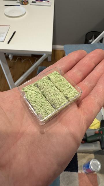 In my usual style, it is using whatever I find or have stashed around me that brain deems most suitable. This is a disposable razor blade acrylic tray, carefully populated instead with neat slices of green household synthetic sponge. Some Scotch tape was applied to water seal it.