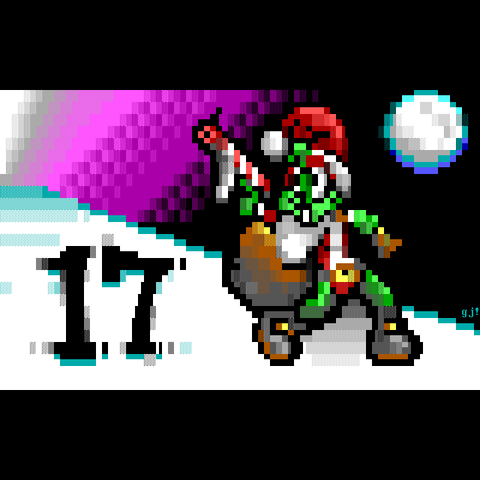 With the sky erupting in aurora borealis colours, a furry green anthropomorphic rabbit tiptoes through the moonlit snow, wearing Santa's hat, beard, belt and boots and carrying his sack full of toys and a candy cane-striped gun.