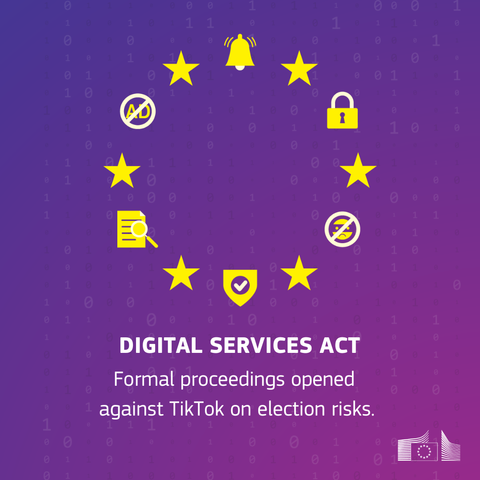 A purple graphic with the European Commissionlogo and the text "DIGITAL SERVICES ACT" in large white letters. Below that, it reads "Formal proceedings opened against TikTok on election risks." There are seven yellow stars arranged in a circle around the text. Each star has a symbol inside it: a bell, a padlock, a document with a magnifying glass, a checkmark, a crossed-out face, a no symbol, and an ad symbol.