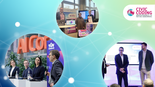 Bildercollage von Civic Coding auf der AI Con des TÜV-Verbandes. Drei Bilder zeigen die Podiumsdiskussion mit vier Teilnehmenden, den Infostand von Civic Coding mit Mitarbeitenden der Geschäftsstelle und zwei Personen bei einem Vortrag von Civic Coding während der Veranstaltung.