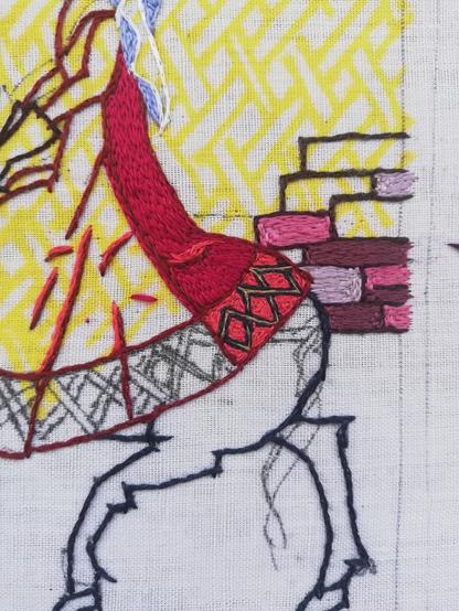Partly stitched design of Aethelflaed on horseback before the walls of Chester. The back panel of her red dress is stitched, with a bright patterned border. The walls are in purpleish pinks to try to get the effect of red sandstone.
I am not entirely happy with the effect as yet.