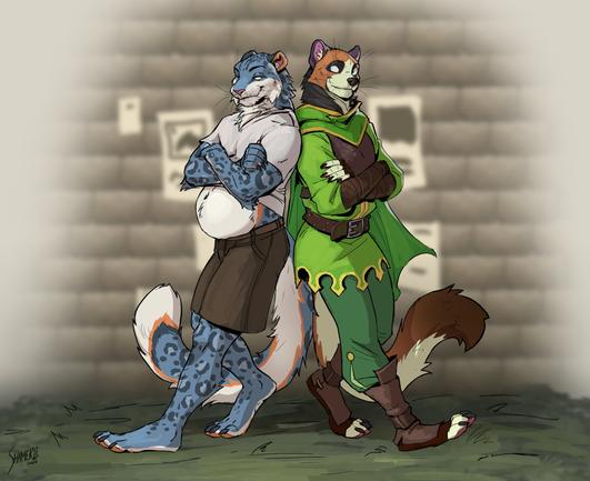 Anthro snow leopard and pine marten with their backs against each other.