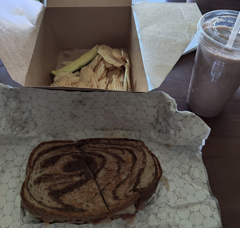 A Crown Candy Reuben with Chips and A Chocolate Malt.