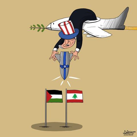 A political cartoon depicts Uncle Sam, characterized by a top hat and suit, dropping a bomb with a blue Star of David. The bomb is aimed at two flags positioned below: the Palestinian flag on the left and the Lebanese flag on the right. Uncle Sam is shown in a concerned expression, symbolizing military intervention, while an airplane propels him from above, leaving a trail of smoke.