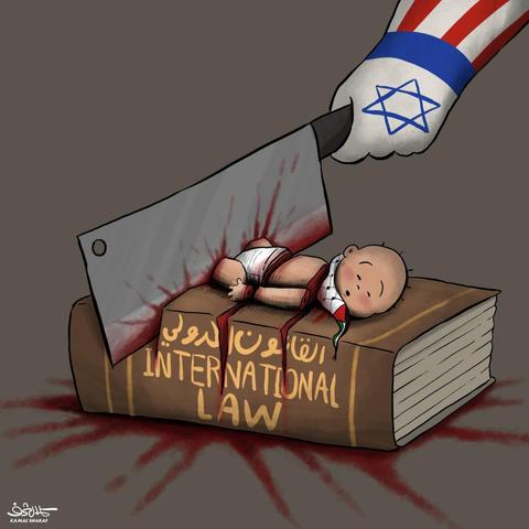 The illustration depicts a stylized baby, wrapped in a blood-stained cloth, lying on an oversized book labeled "International Law." A large cleaver, held by a hand adorned with symbols of the United States and Israel, hovers above the baby. Blood splatters the surface, highlighting a stark and unsettling contrast between innocence and violent imagery.