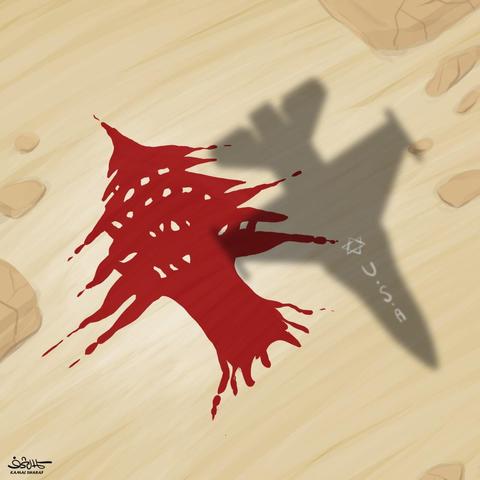 The image portrays a striking visual of a large, blood-red silhouette resembling the tree on Lebanon’s national flag, suggesting a pattern of branches, that appears to drip onto a sandy ground. Above, a shadow of an airplane looms, with the letters "U.S.A." and a Israeli star symbol subtly visible on its side, adding context to the imagery. The scene is surrounded by sparse rocky textures, enhancing a stark contrast between the vibrant red and the neutral background.