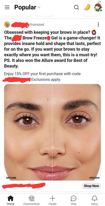 Screenshot of an advert selling eyebrows gel... to hold the hair in place... for young people.