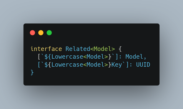 interface Related<Model> {
  [`${Lowercase<Model>}`]: Model,
  [`${Lowercase<Model>}Key`]: UUID
}
