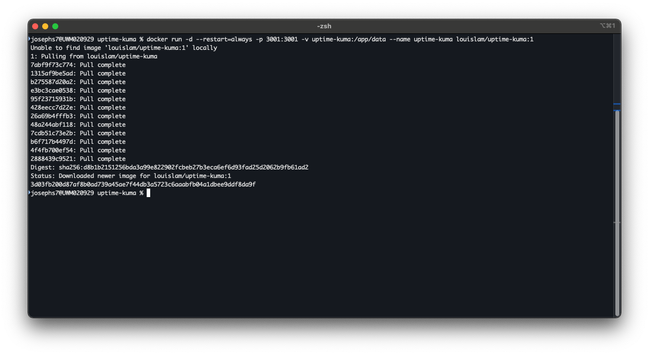 A screenshot showing how to install uptime kuma from the MacOS terminal