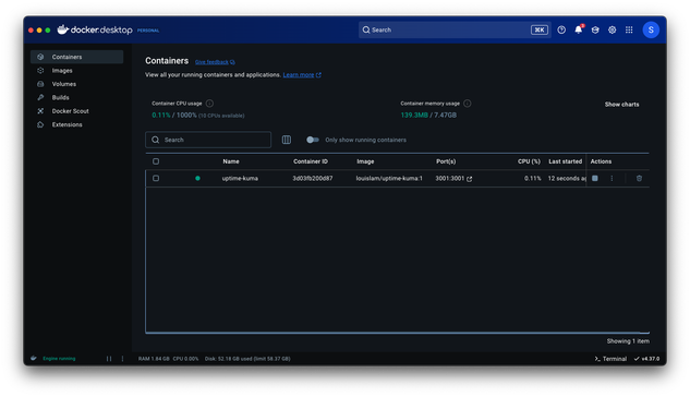 A screenshot showing uptime kuma running in docker