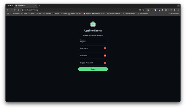 A screenshot showing the setup screen for uptime kuma