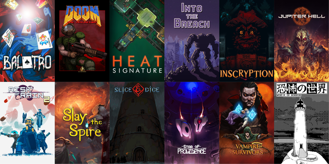 Picture showing cover art for various roguelike games: Balatro, DoomRL, Heat Signature, Into the Breach, Inscryption, Jupiter Hell, Risk of Rain 2, Slay the Spire, Slice & Dice, Star of Providence, Vampire Survivors, and World of Horror