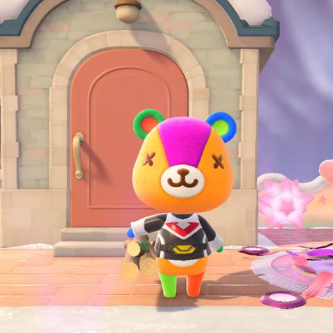 Animal Crossing: New Horizons screenshot. Image shows Stitches (patchwork bear cub with X's for eyes) standing outdoors with a bundle of sticks under his arm and wearing a black zap suit.