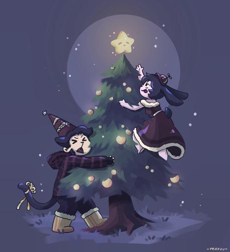 Two characters are playing around a christmas tree. One of them IS trying to catch the star.