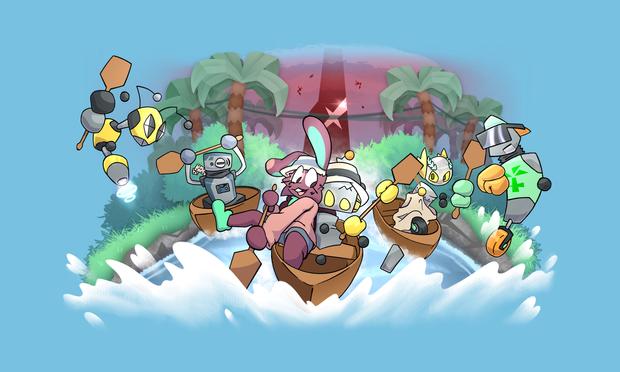 A bunny and robot are in the center of the frame, handling two oars of a row-boat. They're surfing towards the camera, away from a jungle scene with an ominous building in the distance. Behind them are a flurry of other robots, most holding oars.