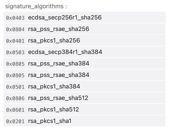 Screenshot of supported signature algorithms in Firefox on iOS. Algorithms starting with "ecdsa_secp521r1" are missing, as are algorithms starting with "ecdsa_" and ending in "_sha512".