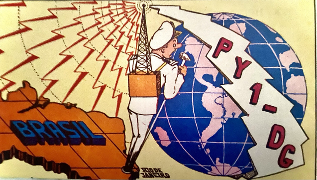 Colorful QSL card showing a man in what appears to be a naval dress uniform with an antenna on his back transmitting the callsign PY1-DG out across the globe.