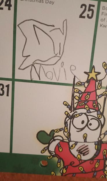 Sonic Drawing with "movie" caption,  by son on the calendar of 25th of December. The dog from the "Maxine" comic is in the bottom right with a Santa outfit wrapped with Christmas lights
