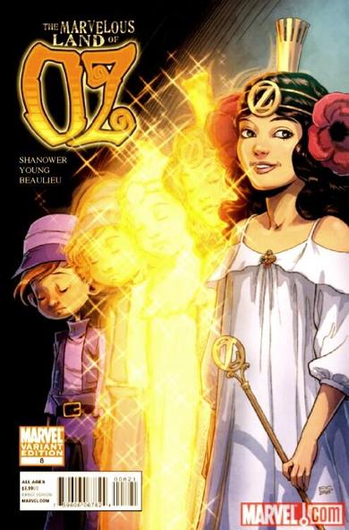 An image of Trip from the Wizard of Oz, who is a boy, being magically transformed into Princess Ozma, a girl. Princess Ozma was turned into a boy by an evil witch to kidnap. This is a Marvel cover that kind of looks like those Animorph books where ylu slowly see them transform. Trip looks depressed and Ozma looks jovial.