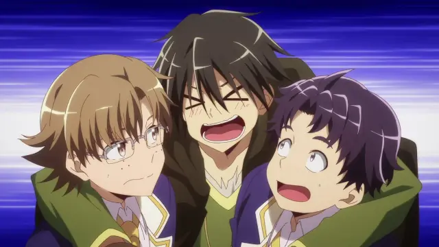 Three characters hugging