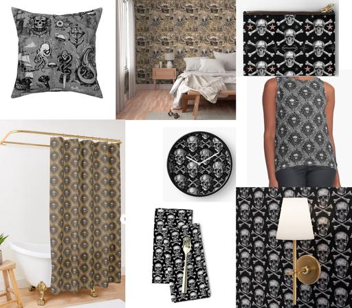 A collage of home décor, accessories, and clothing features intricate skull and nautical-themed patterns:
Top Left: A square decorative pillow with a black-and-gray design. The pattern includes detailed nautical imagery, such as skulls, octopuses, a ship, anchors, and compasses, creating a vintage pirate-inspired aesthetic.
Top Center: A bedroom with bold wallpaper featuring beige and black tones. The pattern includes octopuses, skulls, and ships, continuing the nautical theme. The bedroom is styled with a modern minimalist bed, neutral bedding, and wooden furniture.
Top Right: A black pouch with a repeating skull-and-crossbones pattern, accented by small red stars. The design is bold, with a classic pirate-inspired look.
Middle Right: A sleeveless women's tank top featuring an ornate skull pattern on a gray background. The design is symmetrical and intricate, giving the top a gothic, edgy appearance.
Bottom Left: A bathroom shower curtain with a gold and black repeating pattern of skulls and circular, ornate frames. 
Center: A round wall clock with a black background and repeating skull-and-crossbones pattern. The clock hands stand out against the dark backdrop.
Bottom Center: A set of black cloth napkins featuring a repeating skull-and-crossbones design.
Bottom Right: A close-up of wallpaper with a repeating black-and-white skull-and-crossbones pattern. A gold wall sconce with a white lampshade is mounted on the wall.