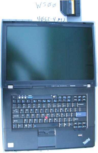 An open ThinkPad W500 mobile workstation, showing the screen and keyboard