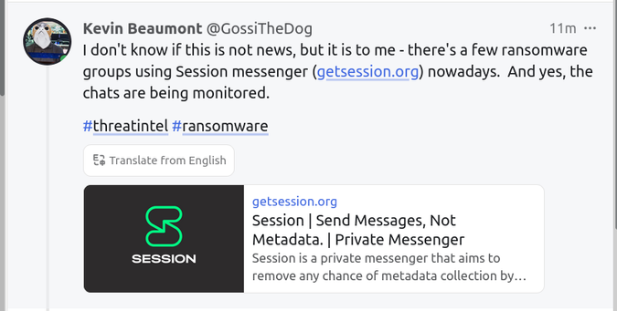 Screenshot of a social media post discussing ransomware groups using Session messenger. Includes a link preview for Session's website and hashtags #threatintel and #ransomware.