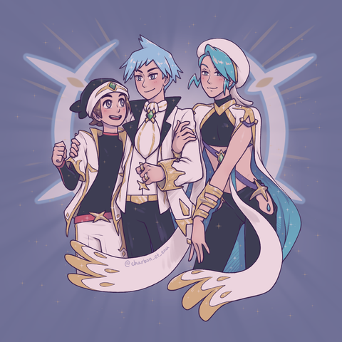 Artwork of Steven, Wallace, and Brendan from Pokemon wearing Arceus themed outfits.
