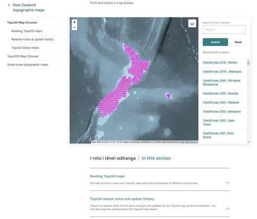 web page screen shot - LINZ Topo50 New Zealand topo maps download functionality